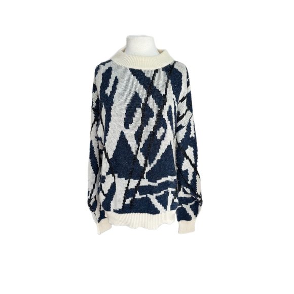 Vintage Donegal Navy Blue/Cream Graphic Mockneck Sweater | Size Large - Picture 6 of 8